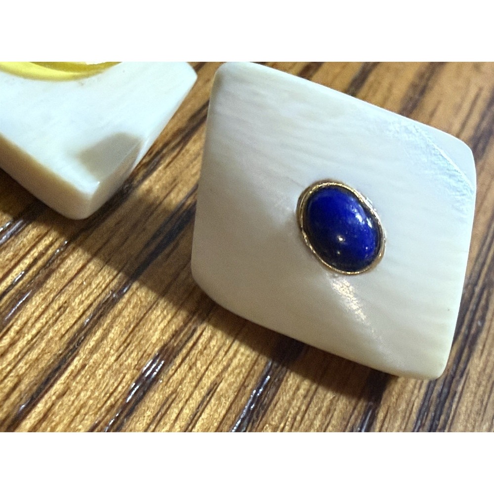 Mother Of Pearl Or Bone Lapis Lazuli Cabochons Earrings 14 K Gold Marked 14KH